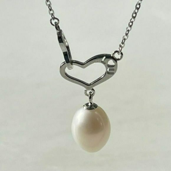 Stamped I‎ LOVE U 925S Silver Drop Freshwater Pearl Pendant Heart Necklace - Picture 8 of 16